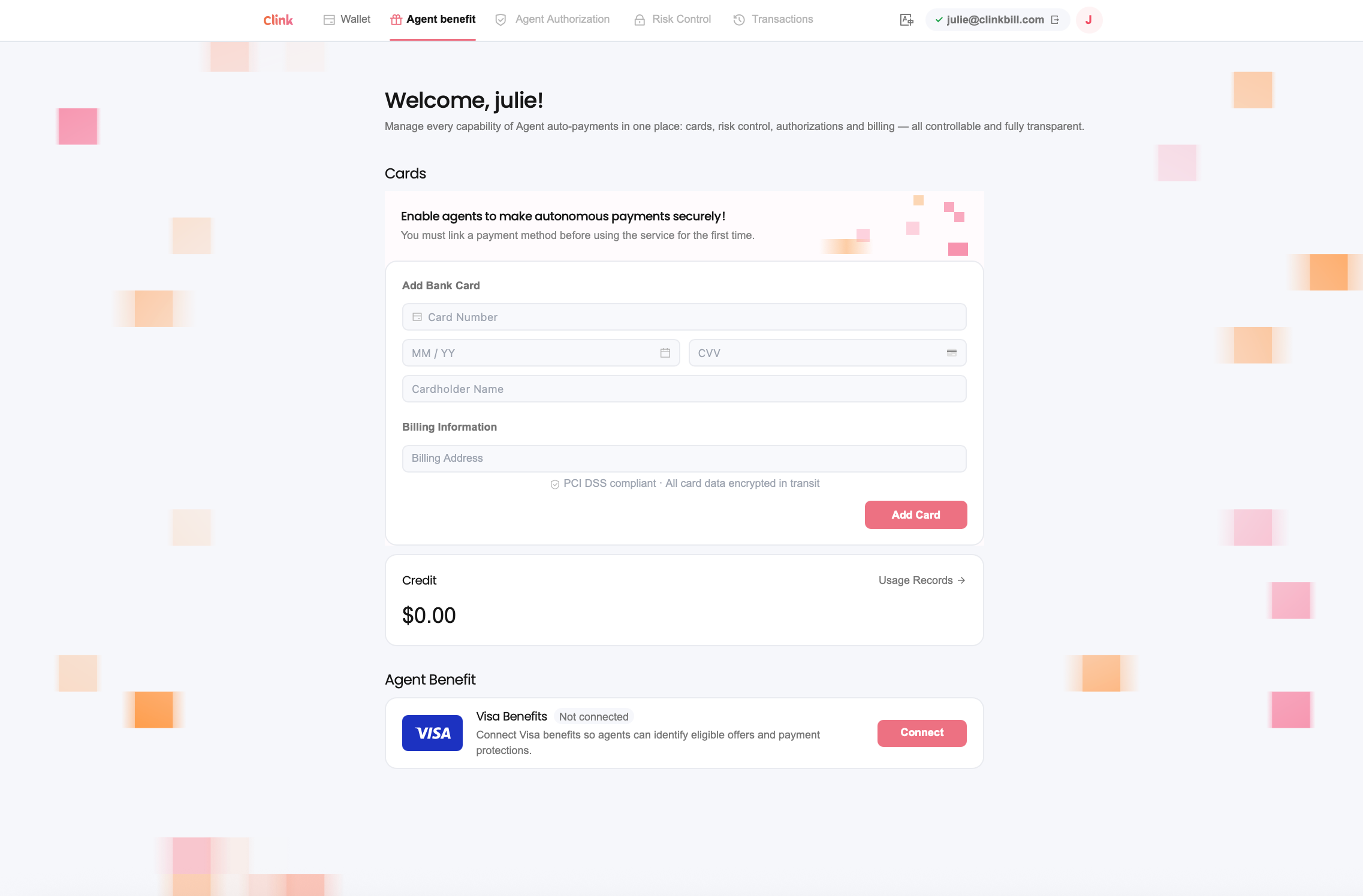 Clink Agent Wallet dashboard showing Visa card setup, agent authorization, risk controls, and transaction management